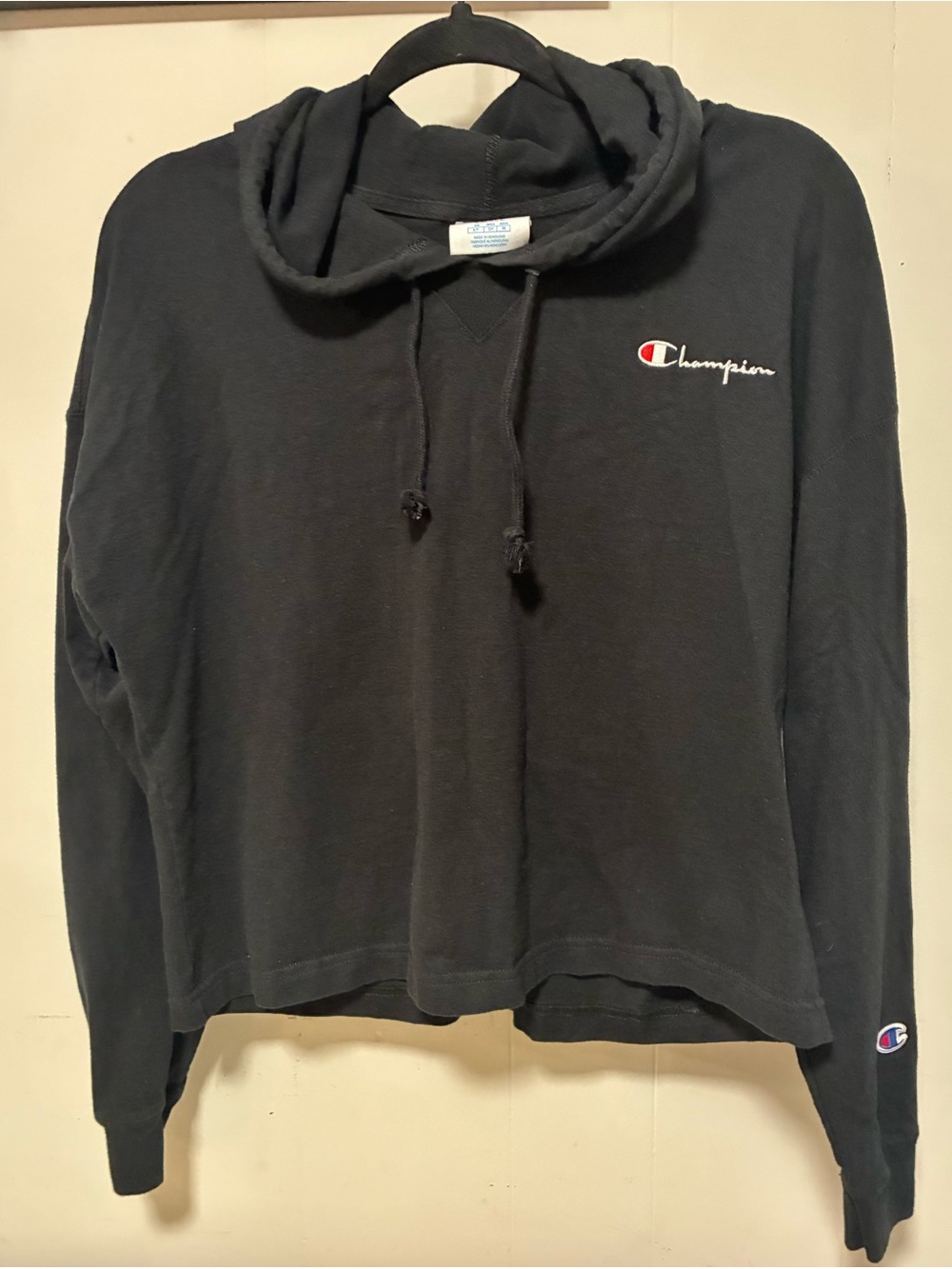 Champion Black Cropped Hoodie with Embroidered Logo